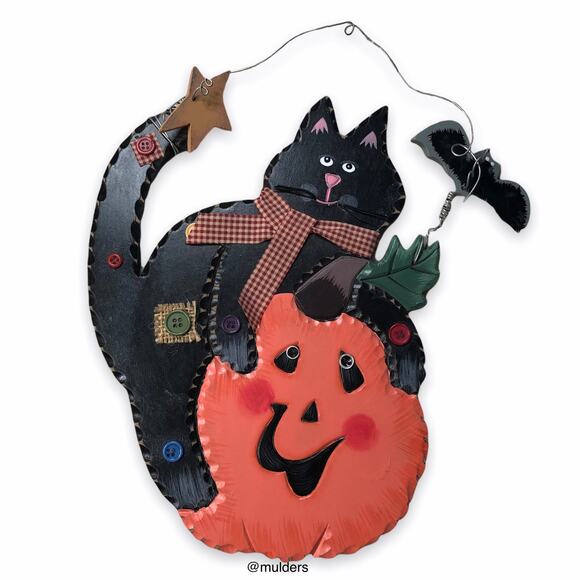 Halloween Holiday Seasonal Black Kitty Cat Kitten & Jack-O-Lantern Pumpkin Sign - Picture 1 of 11